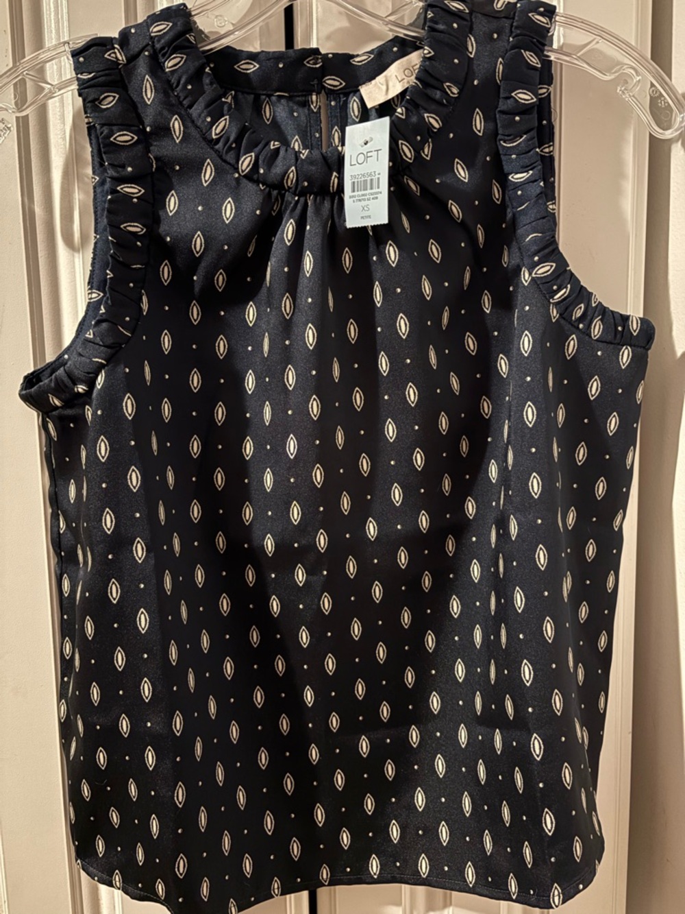 LOFT Navy blue Sleeveless Ruffle Neck Shell with Ivory Motif